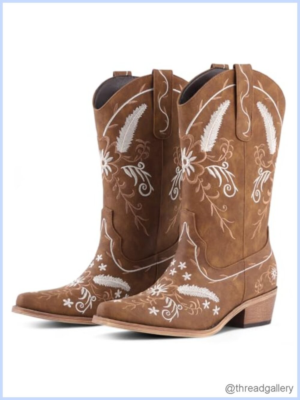 Faux Leather Western Cowboy Boots Pointed Toe Mid Calf Chunky Heel